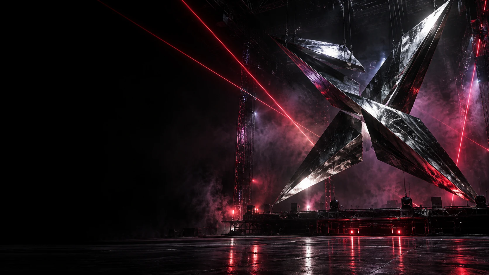 Escenario industrial imaginado con una estructura metálica y luces rojas y violetas